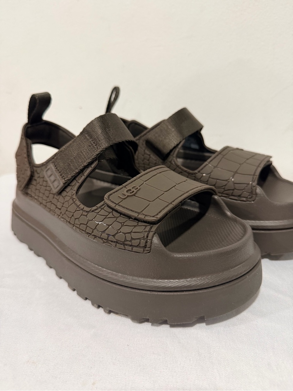 UGG Women's GoldenGlow Embossed Platform Sandals in Dark Olive size US 6